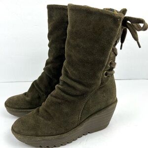 FLY LONDON Yada Suede Corset Back Wedge Boots sz 37/6.5-7.0 Khaki Green Boho Y2K